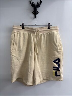 Fila Men's Cream Athletic Logo Shorts with Navy and Yellow Accent